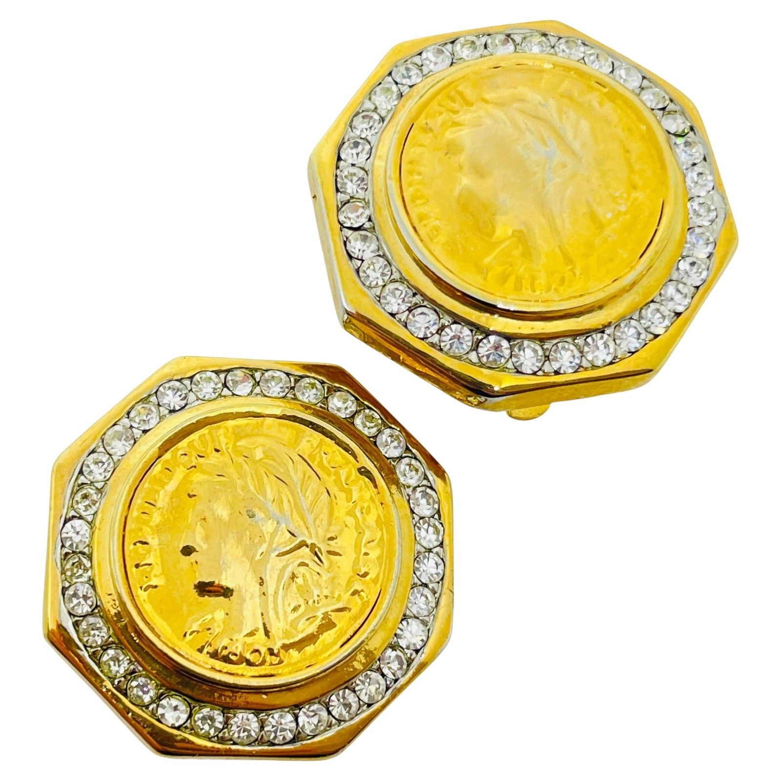 Vintage Gold Rhinestone Coin Republique Francsise Designer Clip On Earrings
